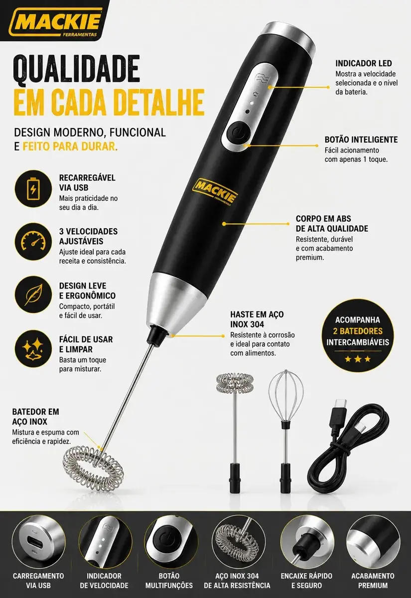 Mini Mixer Elétrico Portátil Misturador De Bebidas Café Leite Cappuccino Whey Protein Shake Ovos Espumador Batedor Fouet Inox Compacto Cozinha Drinks Mackie Ferramentas thumbnail 2