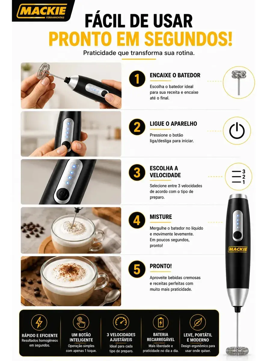 Mini Mixer Elétrico Portátil Misturador De Bebidas Café Leite Cappuccino Whey Protein Shake Ovos Espumador Batedor Fouet Inox Compacto Cozinha Drinks Mackie Ferramentas thumbnail 5