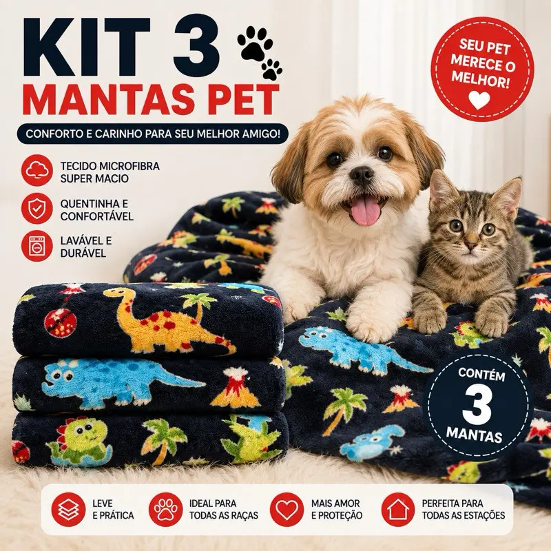 Kit 3 Mantas Pet Soft Cachorro e Gato 80x60 Cobertor Fleece Macio Lavável
