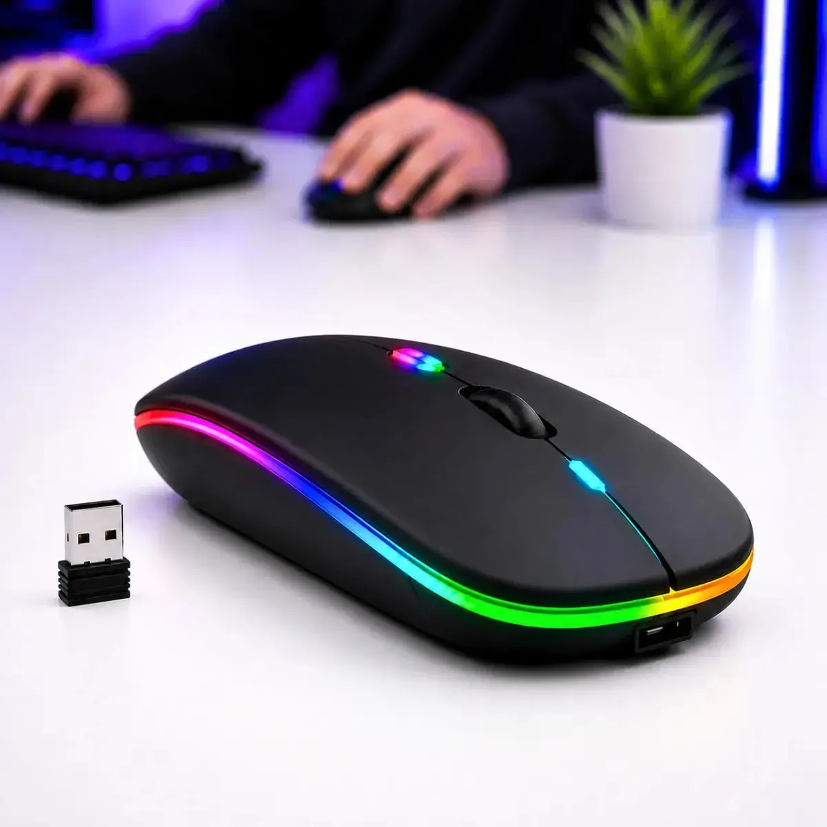 Mouse Sem Fio Recarregável Bluetooth Wireless Ergonômico Óptico Informática Gamer Led Rgb Notebook Pc Tablet Smartphone Comica - 1