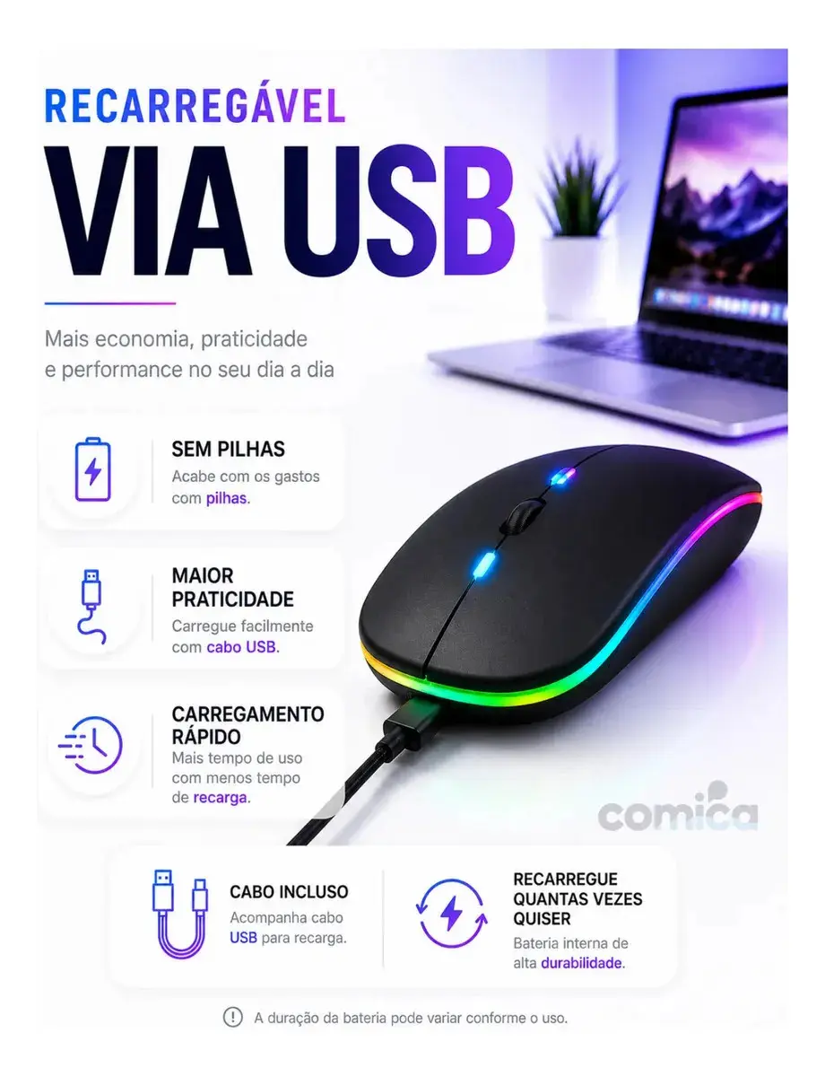 Mouse Sem Fio Recarregável Bluetooth Wireless Ergonômico Óptico Informática Gamer Led Rgb Notebook Pc Tablet Smartphone Comica thumbnail 2