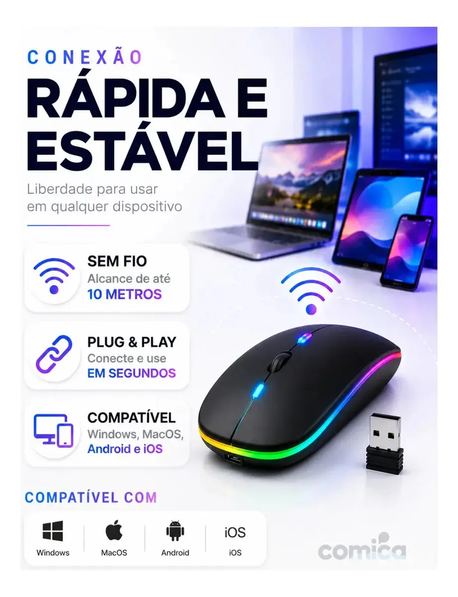 Mouse Sem Fio Recarregável Bluetooth Wireless Ergonômico Óptico Informática Gamer Led Rgb Notebook Pc Tablet Smartphone Comica thumbnail 3