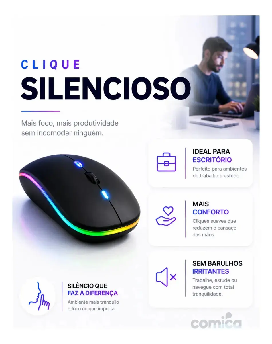 Mouse Sem Fio Recarregável Bluetooth Wireless Ergonômico Óptico Informática Gamer Led Rgb Notebook Pc Tablet Smartphone Comica thumbnail 4