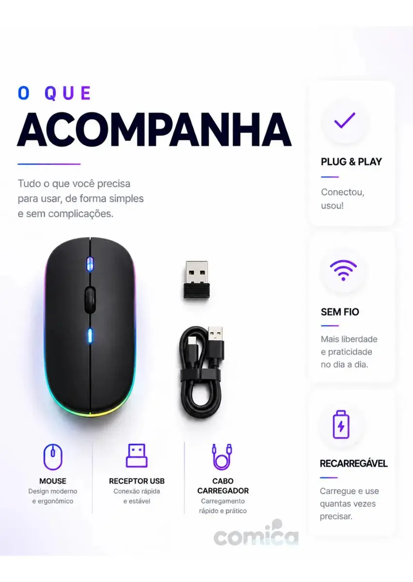 Mouse Sem Fio Recarregável Bluetooth Wireless Ergonômico Óptico Informática Gamer Led Rgb Notebook Pc Tablet Smartphone Comica thumbnail 5