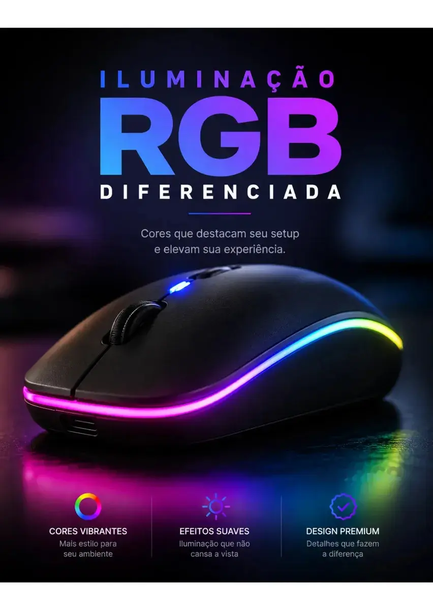 Mouse Sem Fio Recarregável Bluetooth Wireless Ergonômico Óptico Informática Gamer Led Rgb Notebook Pc Tablet Smartphone Comica thumbnail 6