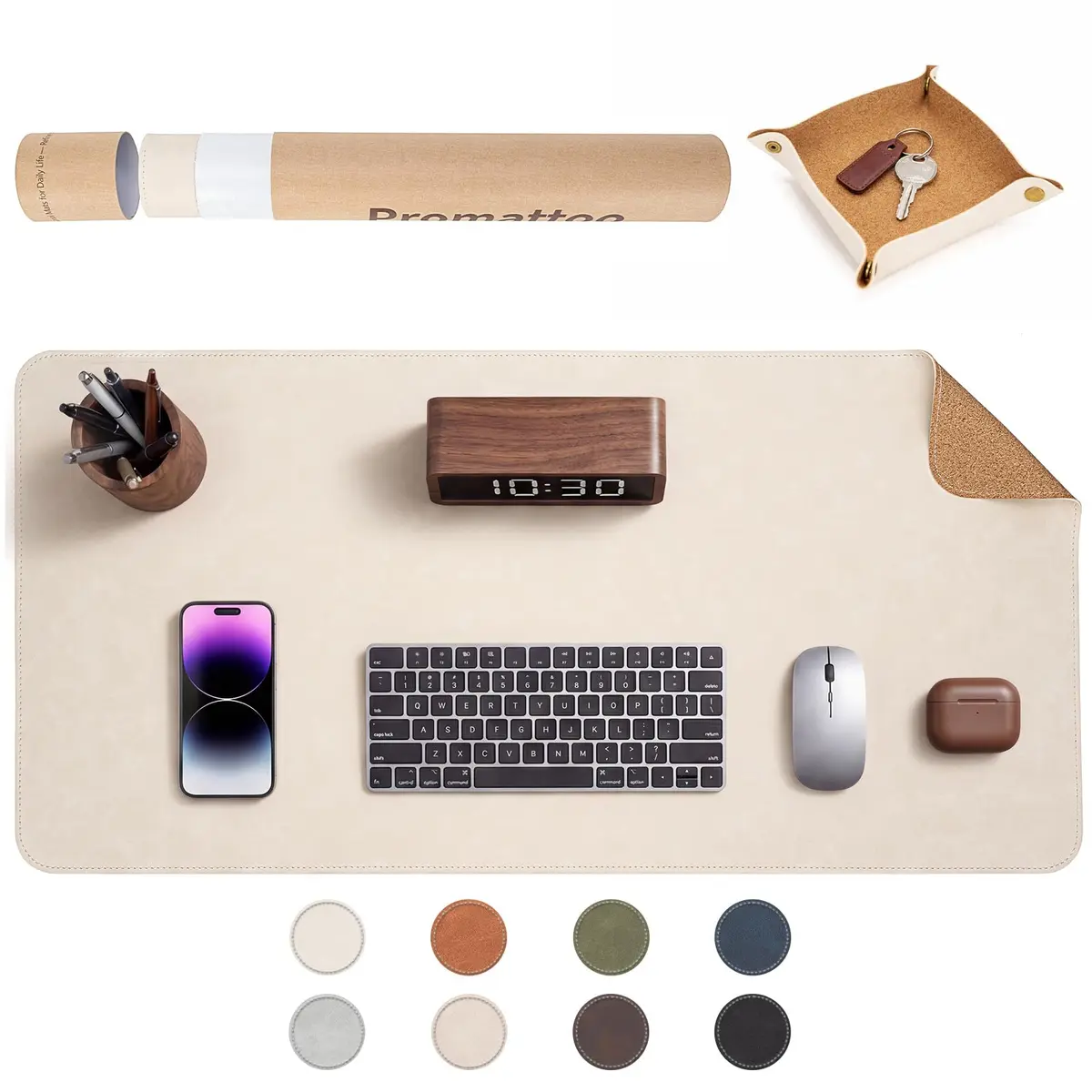 Tapete de mesa grande PROMATTOO dupla face 80x40 cm, com bandeja e tubo | Couro sintético vintage e lado cortiça; para teclado, mouse e notebook, anti-respingos, antiderrapante, Cor: Branco Marfim