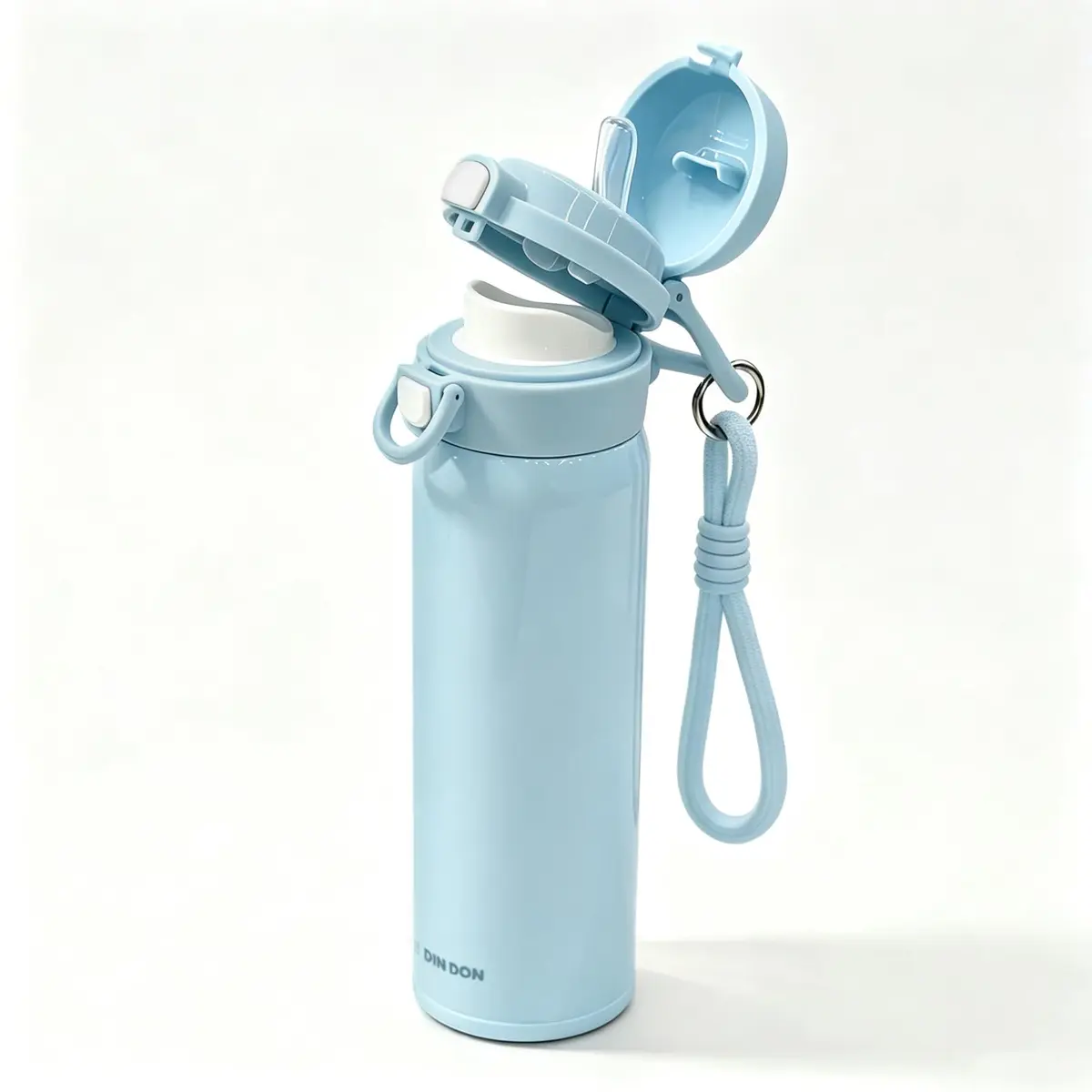 TOKE DIN DON Garrafa Térmica de Água/Café 500 ml com Canudo e Bico, Azul | Aço Inox 316, Copo Térmico Infantil, Garrafa Termica para Estudante, Com Alça e Cordão, Tampa Flip 1 Clique com Trava,Sem BPA