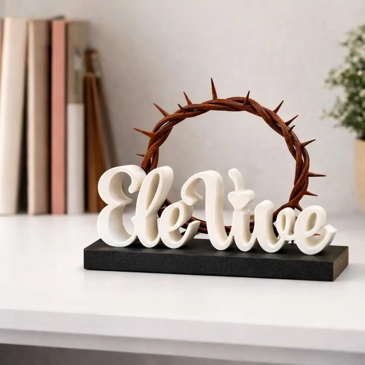 Letreiro Ele Vive Decoração Cristã Religiosa com Coroa de Espinhos Enfeite Bíblico para Mesa Estante, Sala, Presépio e enfeite de Páscoa Presente de Fé - 1