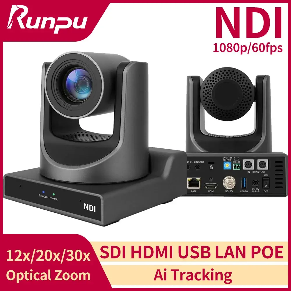 Runpu AI Tracking NDI | Câmera PTZ HX com Zoom de 12/20/30x, Câmera de Conferência PTZ com Saída SDI HDMI USB para Transmissão em Igrejas, POE 1080P