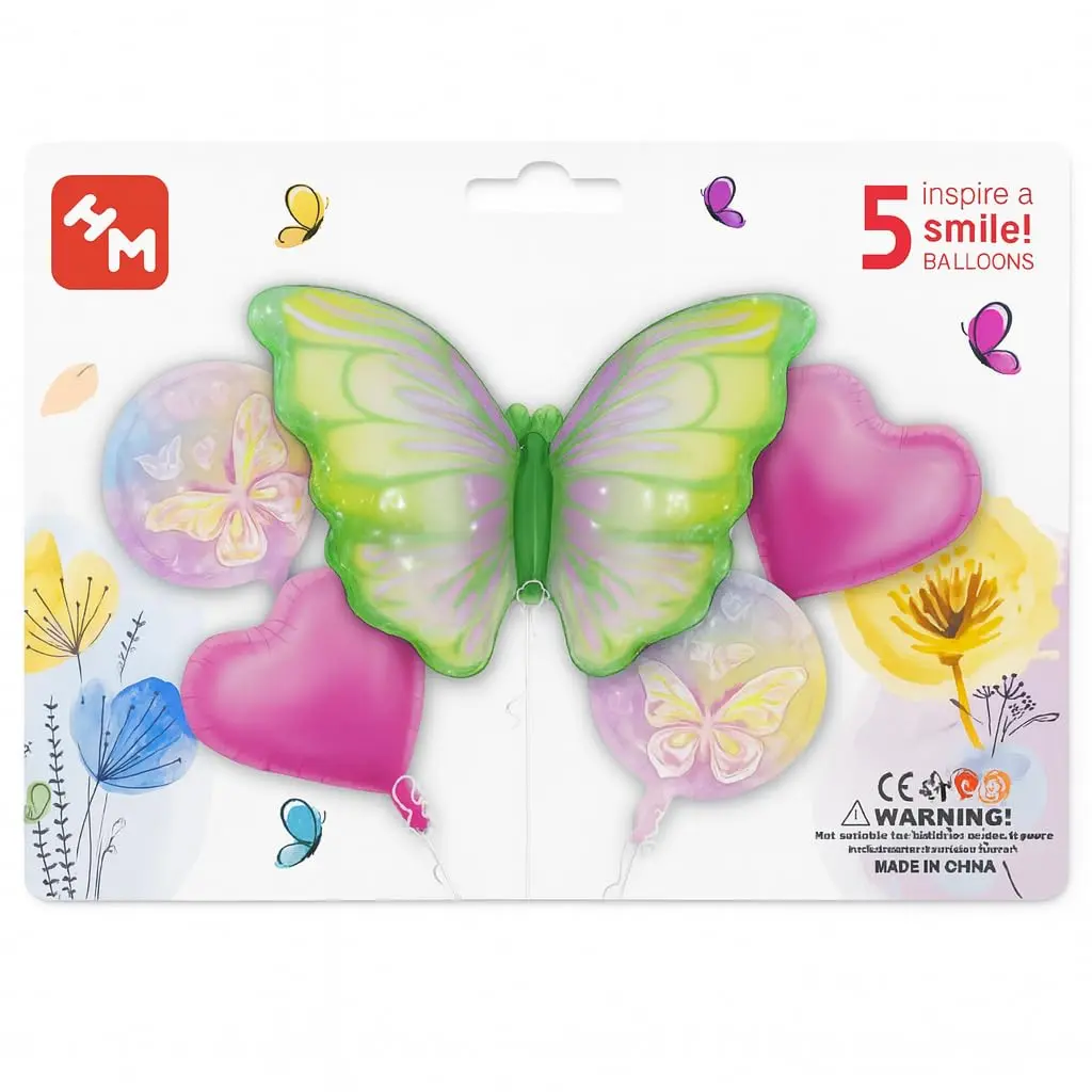 Balão Metalizado Borboleta Florescente Verde Kit 5 Peças Festa Jardim | Pode ser inflado com ar ou hélio; gás não acompanha