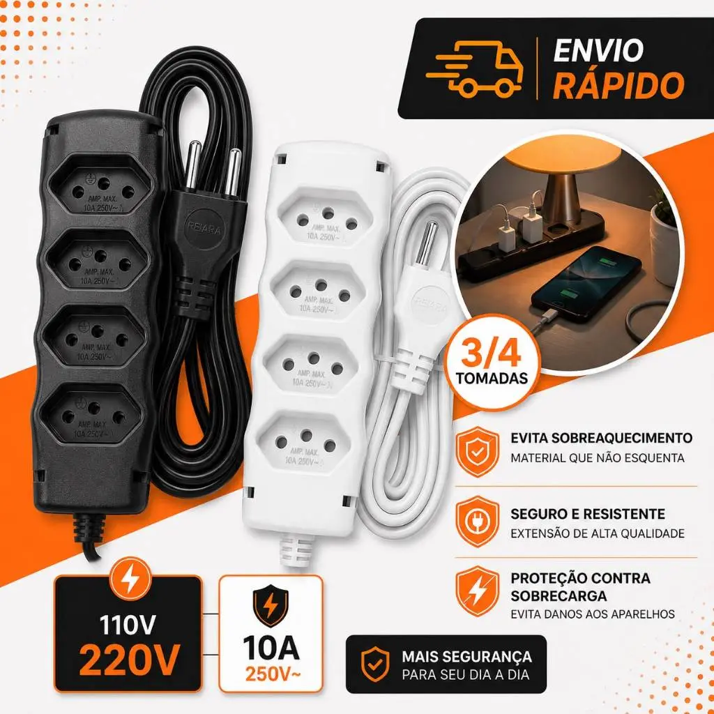 Extensão Elétrica 10A Tripolar Bivolt com Cabo Reforçado Alta Segurança e Resistência 2M 3M 5M 10M
