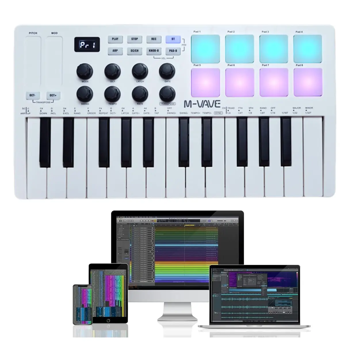 M-VAVE VEDO Teclado controlador 25 teclas USB MIDI com 8 pads de bateria retroiluminados, teclado dinâmico profissional semipesado Bluetooth, 8 botões e produção musical, software incluído (branco) - 1