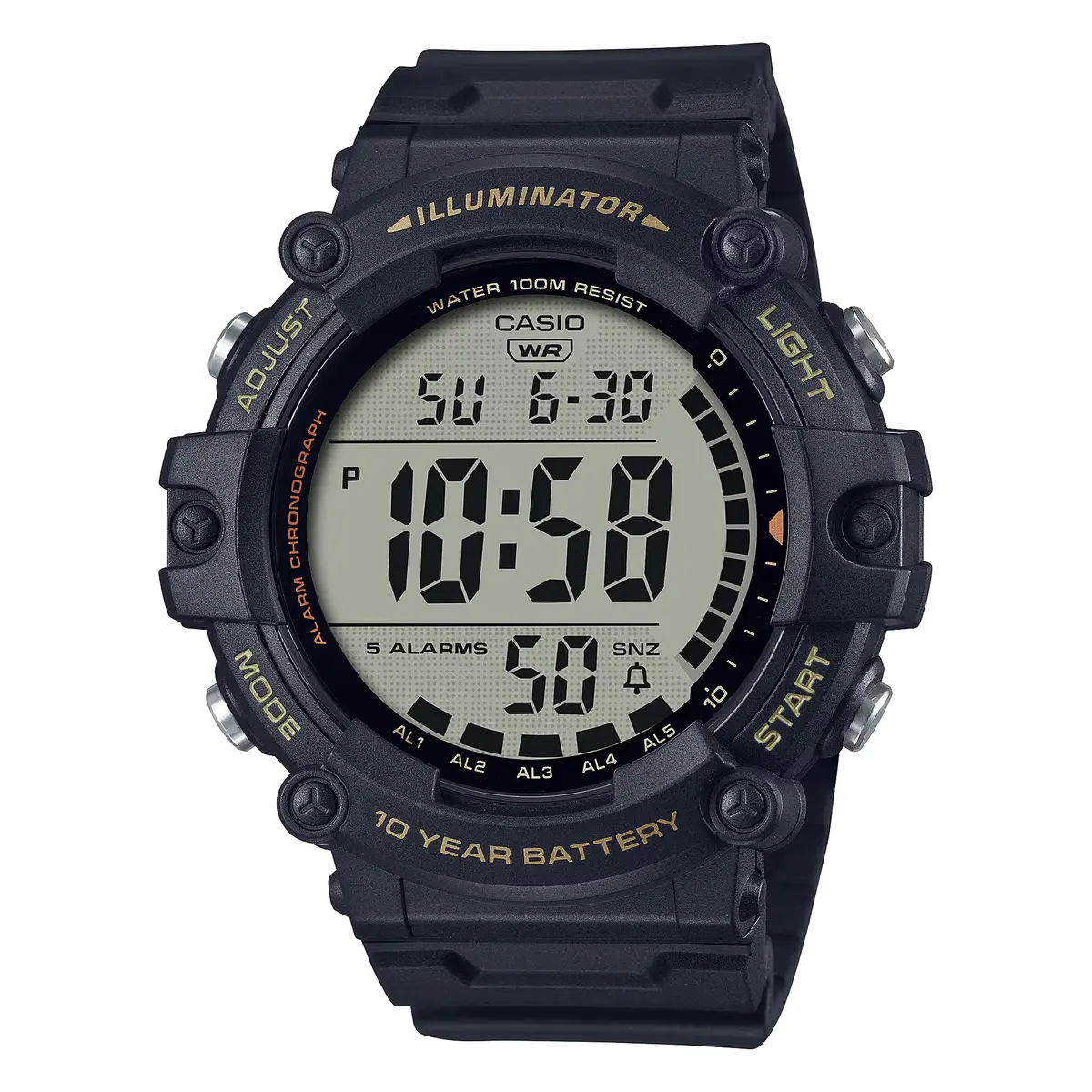 Relógio Masculino Casio Série Illuminator AE1500WH, Digital, Bateria para 10 Anos, Retroiluminação por LED, 5 Alarmes, Cronômetro de 1/100 Segundo