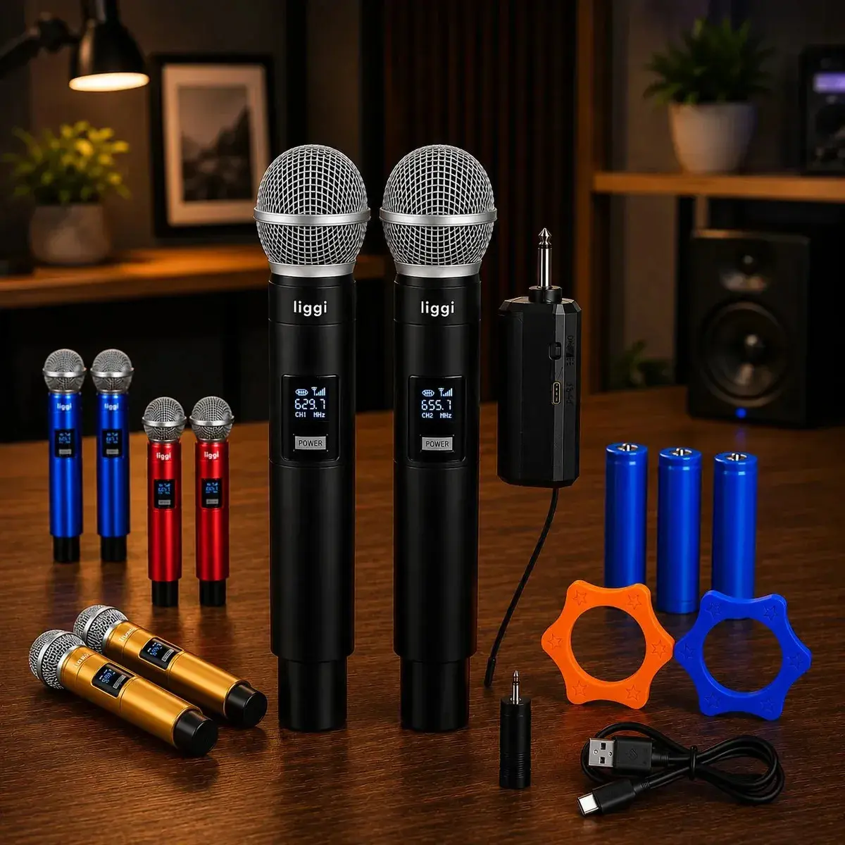 Kit 2 Microfones Sem Fio LIGGI Recarregáveis UHF Com Led Para Karaokê e Palestras