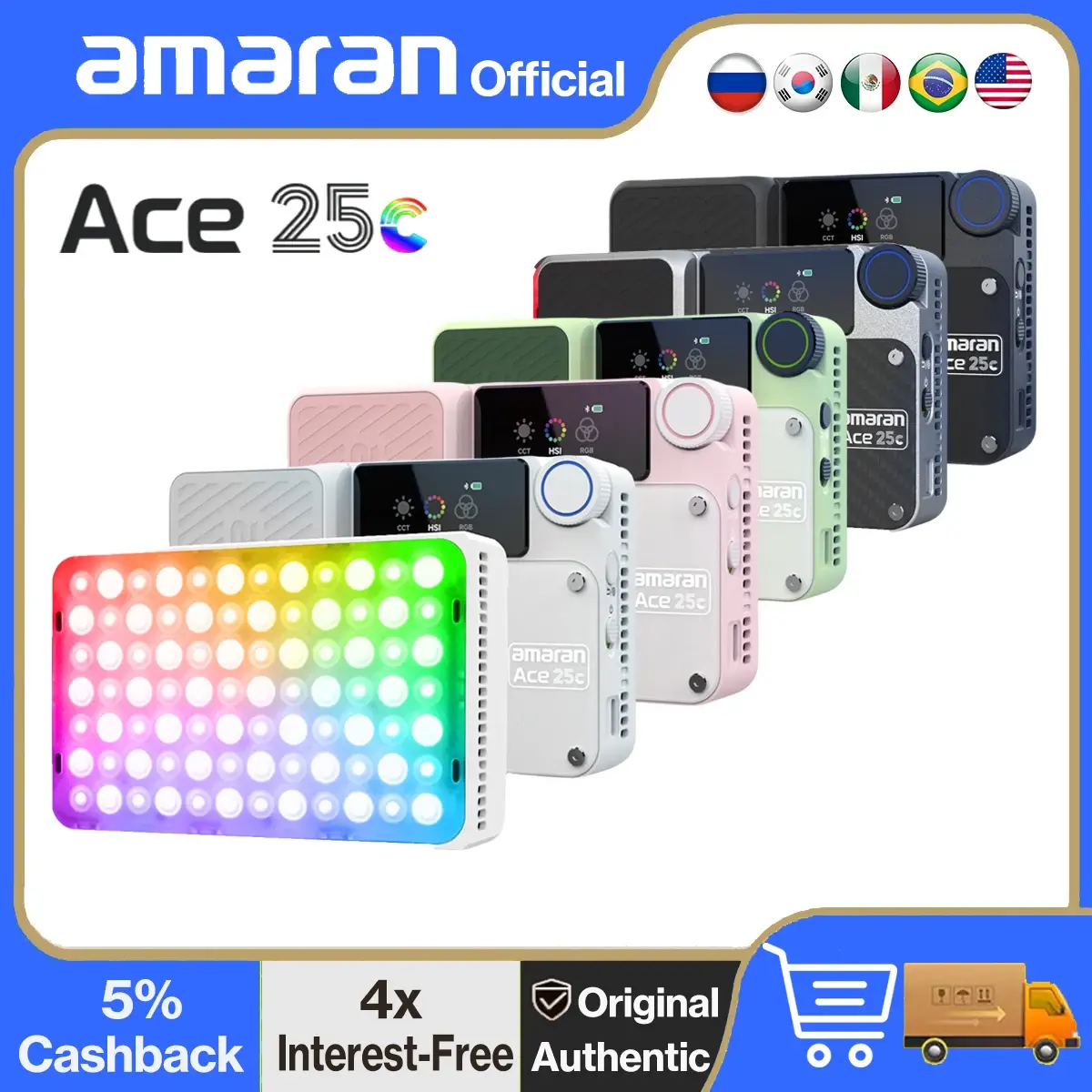 【Do Brasil】amaran Ace 25c Pocket RGBWW LED Light Full-Color Mini Vídeo Light 2300K-10000K 4500mAh Bateria com PD Carregamento Rápido para TikTok