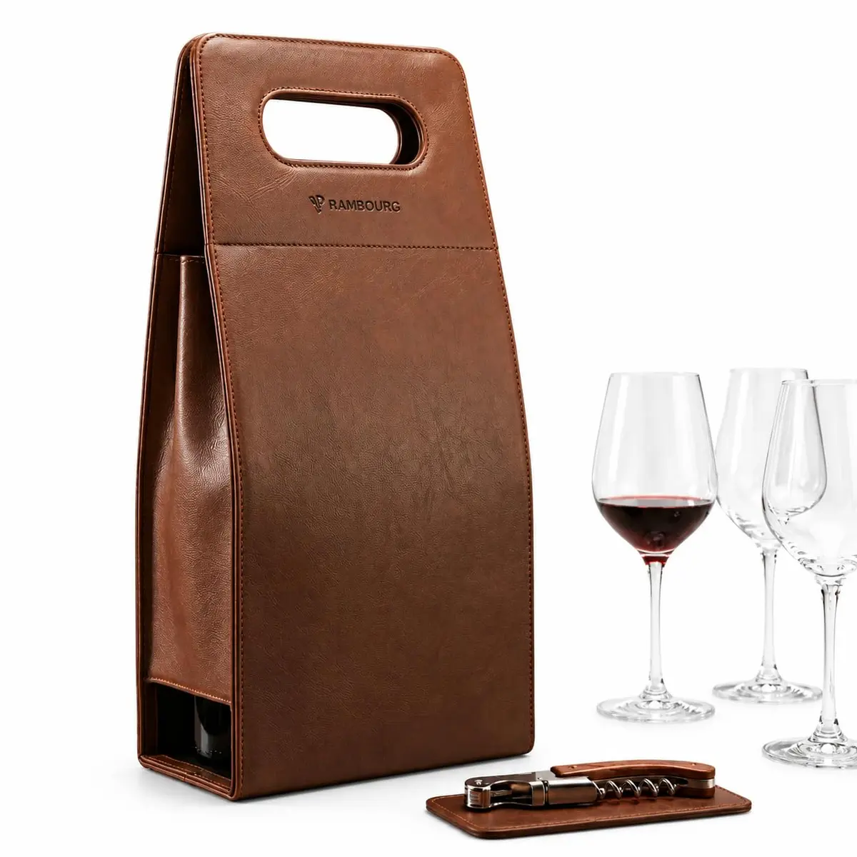 Bolsa Porta Vinhos Duplo para duas garrafas em couro 100% Legitimo de Luxo Presente Elegante, Funcional e Ideal para Lazer, Eventos e Armazenamento Seguro de Bebidas. (Tostado)