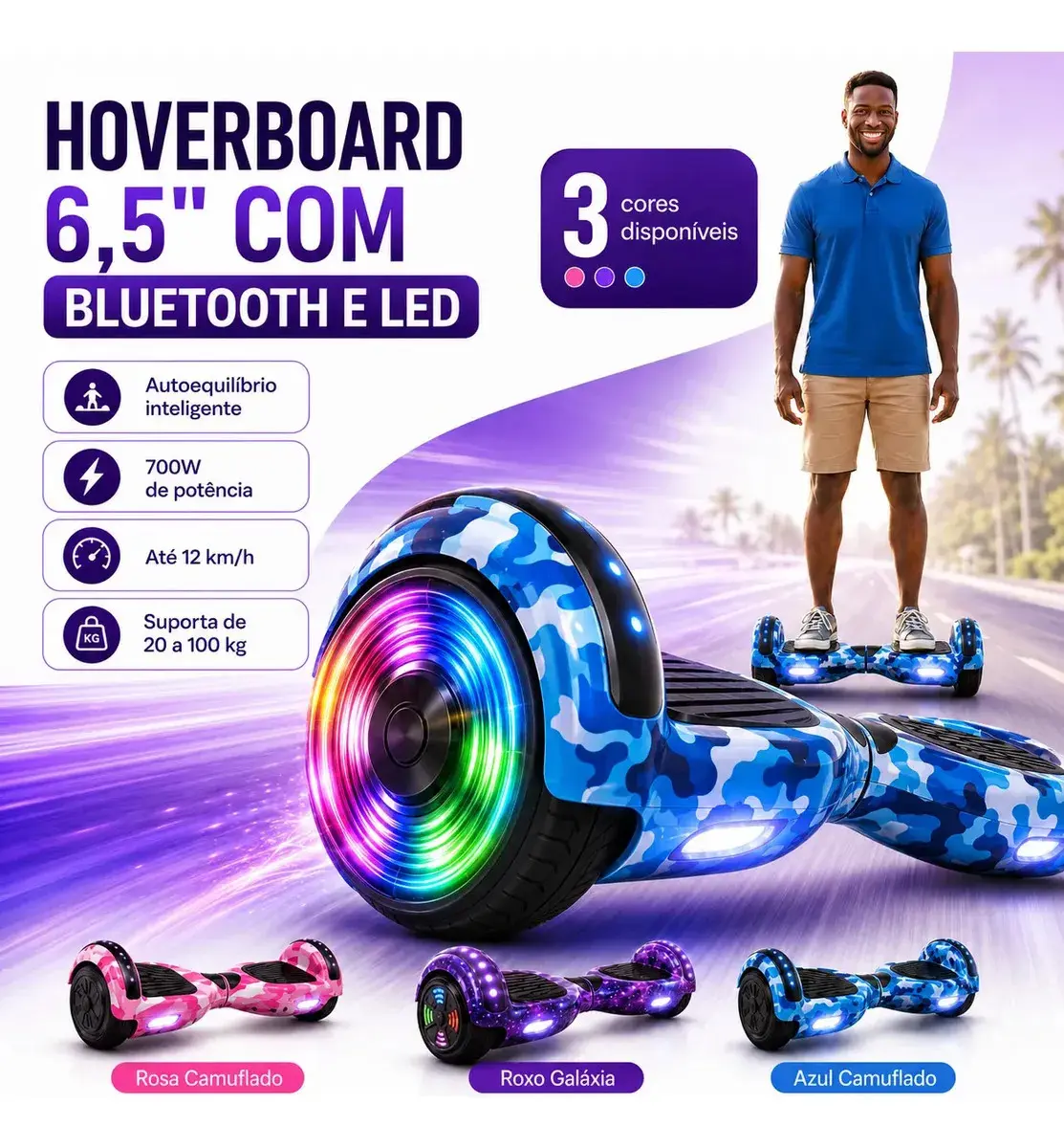 Hoverboard Cybertruck Skate Elétrico de 6.5" Com Bluetooth e Luzes LED Azul Camuflado
