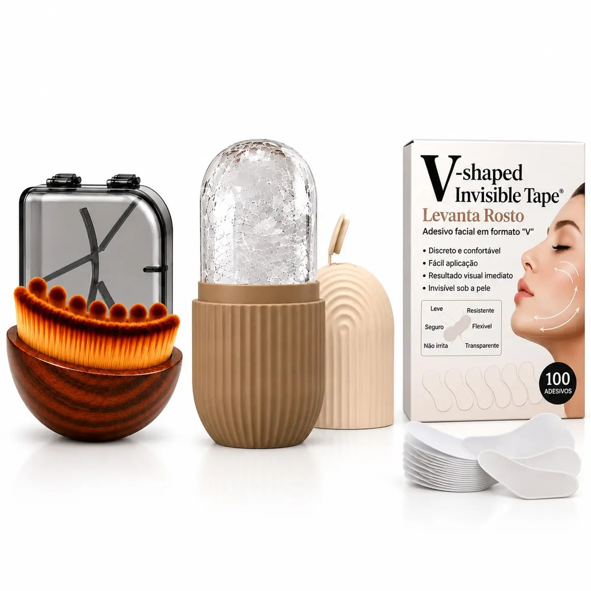 Kit Skincare 3 em 1 Escova Facial, Gelo Facial e Adesivo Lifting 100 Un