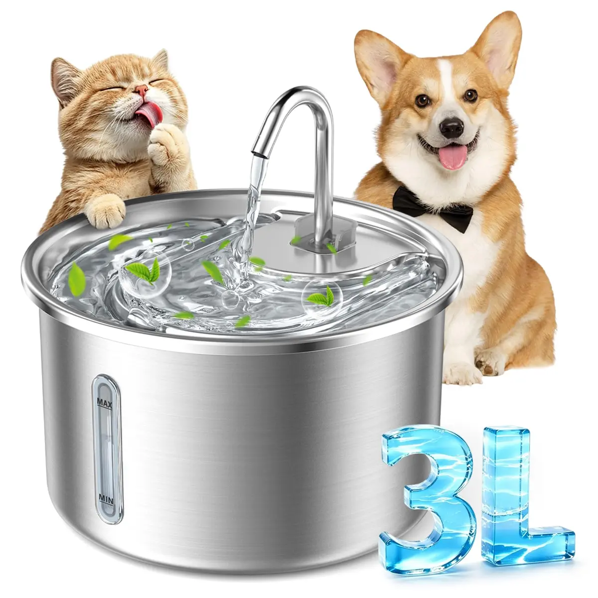 Fonte de Água para Gato 3L, Bebedouro para Gatos Cães Pet com Filtro | Inox 304, Bomba Ultrassilenciosa, Prevenção de Queima Seca, para Gatos e Cachorros - 1