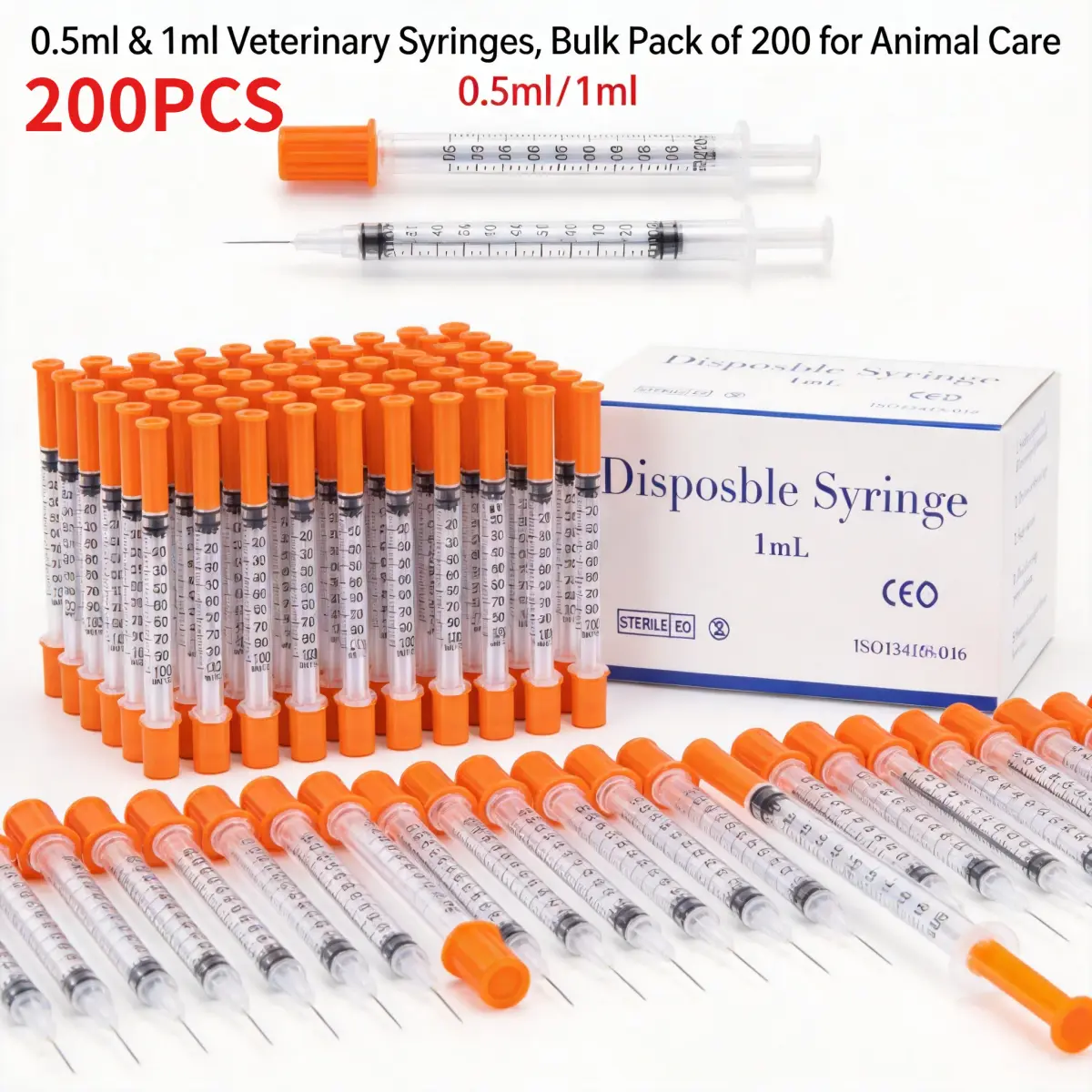 100/200pcs Seringa Plástica Veterinária Descartável de 1ml 0.5ml 30G 31G para Animais de Estimação com Agulhas - Suprimentos Médicos