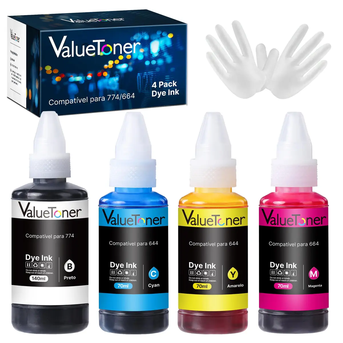 Valuetoner Garrafas de Tintas Compatível para Epson 664 T664 para 774 T774 | Compatível com Epson EcoTank Impresoras L395 L380 L120 L220 L310 L380 L375 L455 L495 L575 L655 L656 L121 L210 (4 Garrafas)