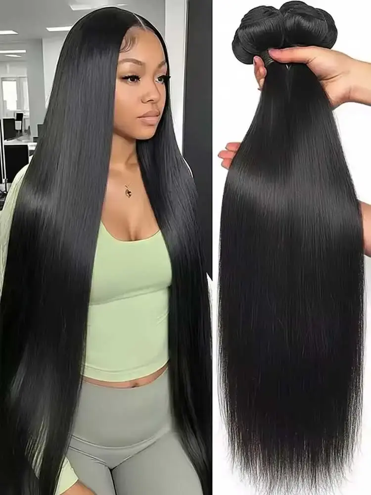 Cabelo Humano Virgem Brasileiro Liso Longo 12A, Pacotes de 1/3/4 Unidades, Cor Preto Natural, 12-42 Polegadas - 1