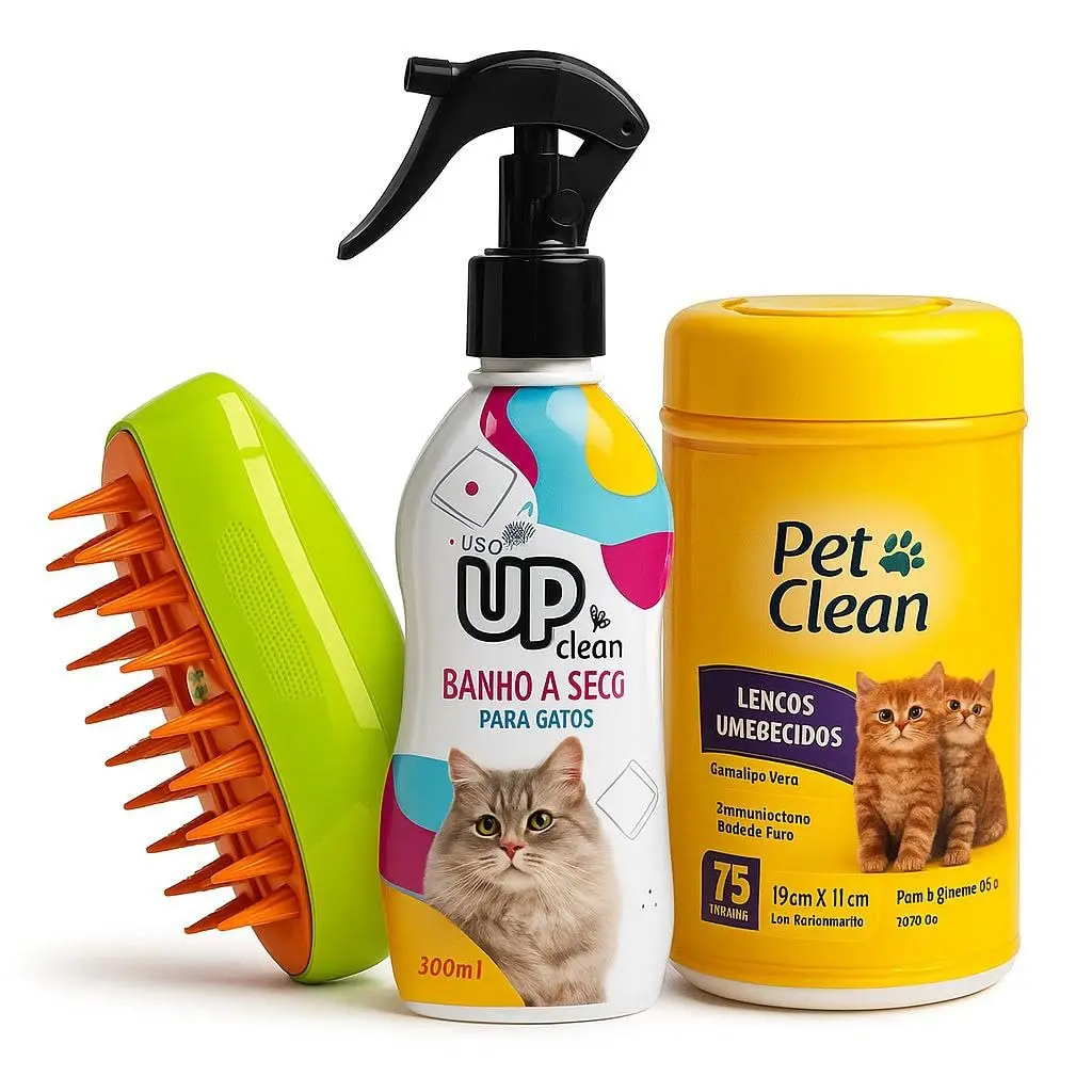 Kit Banho a Seco Gatos 300ml + Escova a Vapor 3 em 1 + Lenços 75un | Higiene sem enxágue com escova tira pelos e lenços umedecidos. Kit 3 itens para limpeza, escovação e cuidados com a pelagem