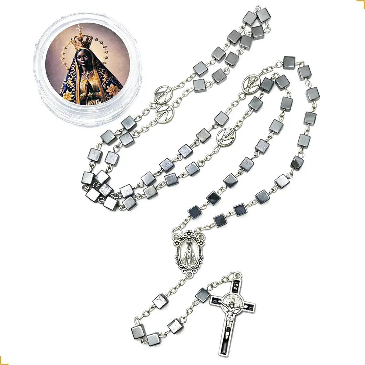Terço Nossa Senhora Aparecida com Hematita Quadrada em Aço Inox 316L | Rosário Católico com Medalhas e Crucifixo Dupla Face | Terço Resistente | Caixa para Guardar - 1