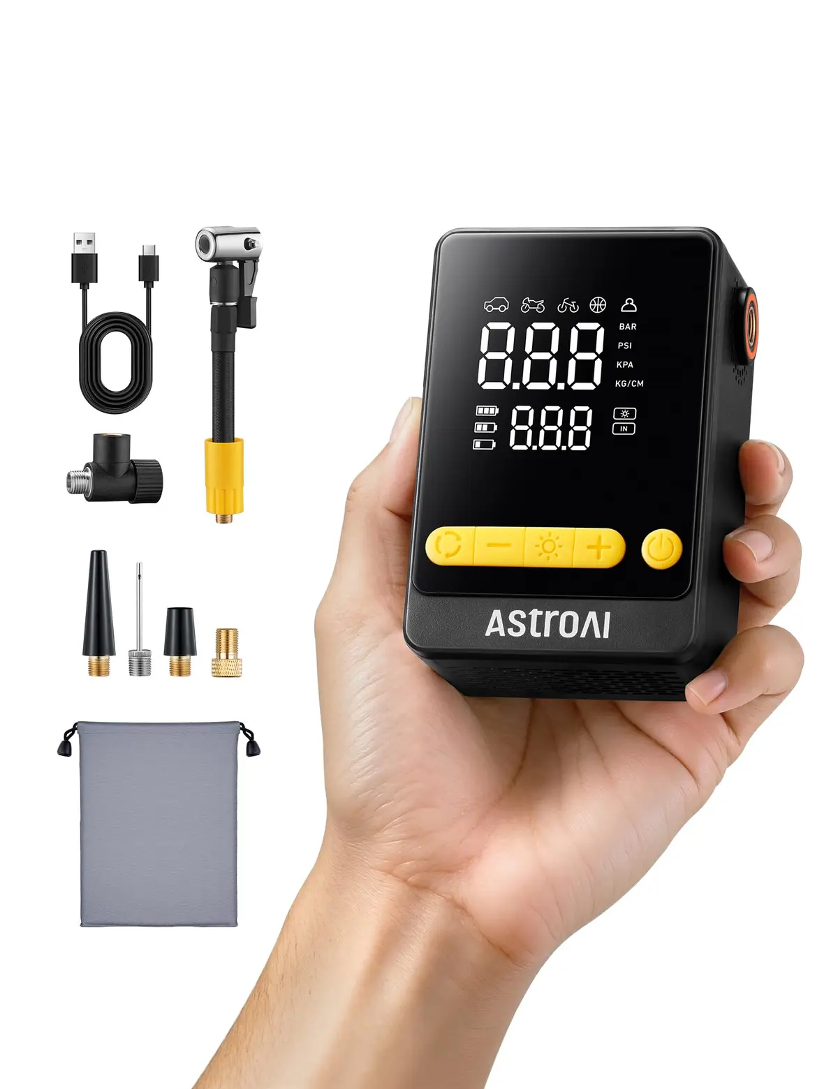 AstroAI Compressor de Ar Portátil Inflador de Pneus L10 Mini | Bomba de Ar 150 PSI Medidor Digital para Carro, Moto e Bicicleta, Desligamento Automático, 5 Modos e Mangueira 360°