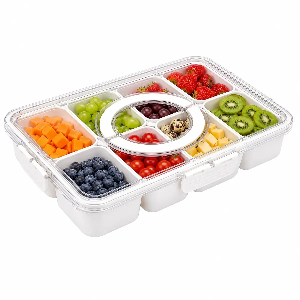Caixa Organizadora de alimentos com 08 divisórias transparente com alça para geladeira empilhável multiuso – Organizador de Refrigerador para Frutas, Legumes, Frios e Lanches