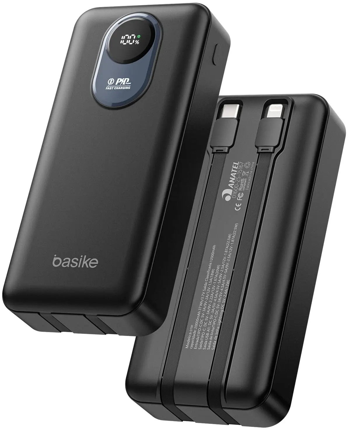 Basike Power Bank 20000mAh, Carregador Portátil, 2 Cabos Integrados (Preto) | Carregamento Rápido, USB-A (máx. 22,5W QC) + USB-C (máx. 20W, PD), Display Digital LED de Bateria, Proteção Inteligente