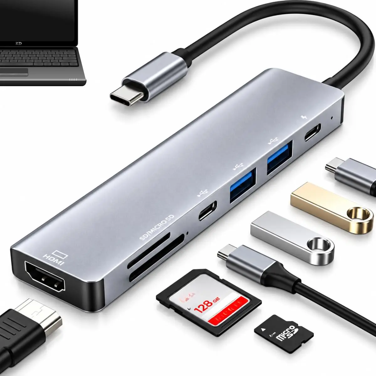 Adaptador Hub 7 em 1 USB-C com Saída HDMI 4K 60Hz 7 Portas USB 3.0 2.0 | Leitor de Cartão SD e Micro SD - Fonte de Alimentação tipo USB - Carregamento Rápido - Compatibilidade Ampla
