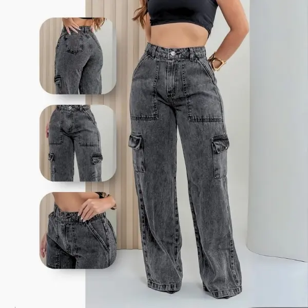 Calça Cargo Feminina Jeans Bolso Lateral Wid Leg 34 ao 44 Pantalona Cintura Alta - 1