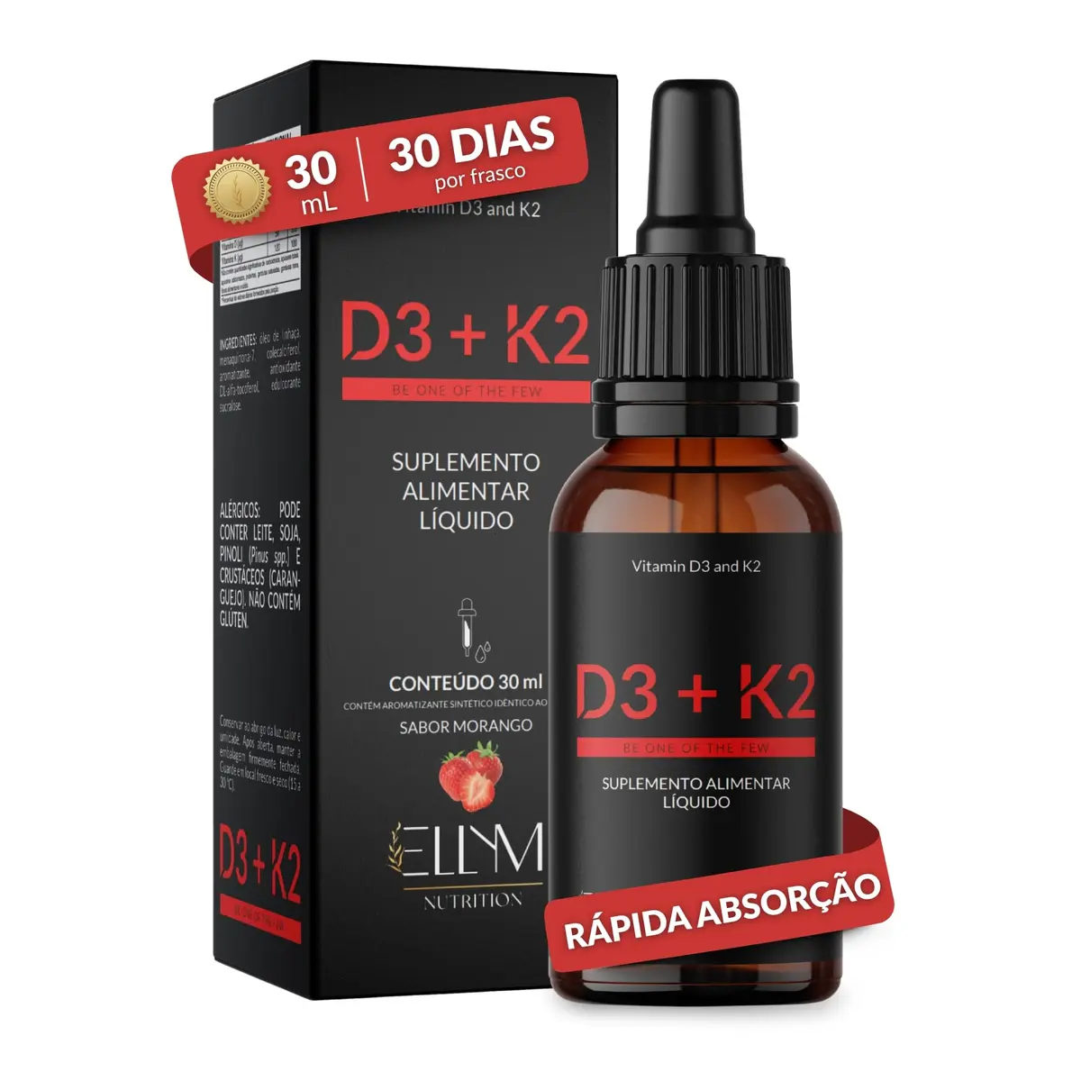 Vitamina D3 K2 MK7 Gotas 2000UI 120mcg 30ml Colecalciferol ELLYM NUTRITION | Menaquinona 7 Sublingual Sabor Morango Oleo Linhaca Alta Biodisponibilidade Absorcao Calcio Fosforo Ossos Muscular Imune
