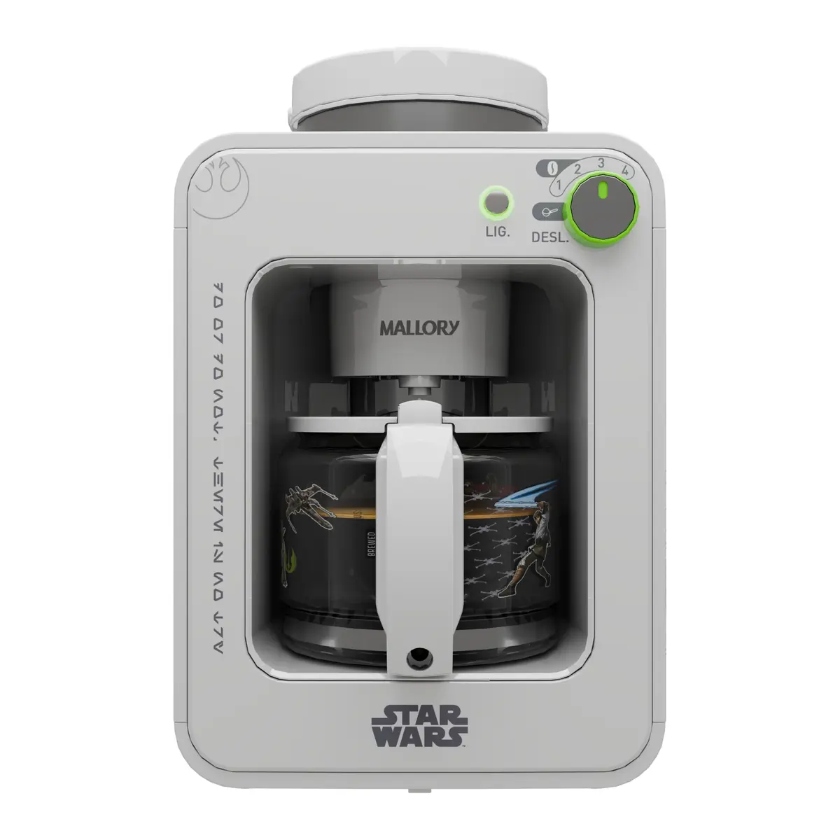 Cafeteira Elétrica com Moedor de Grãos Mallory Star Wars Jedi Brew - 600W, 4 Xícaras 600mL, Moedor Integrado, Seletor de 1 a 4 Xícaras, Jarra de Vidro Termossensível - 220V (Edição Limitada Numerada)