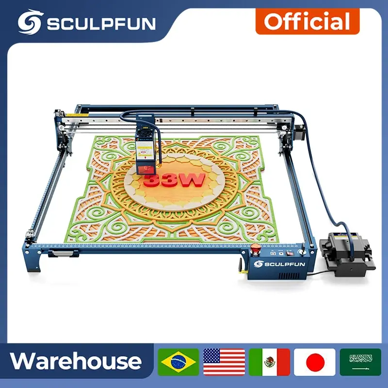 Máquina de gravação a laser SCULPFUN S30 Ultra 33W/22W/10W para trabalhos em madeira, projetos de bricolagem e artesanato, com laser potente e alta velocidade de gravação.