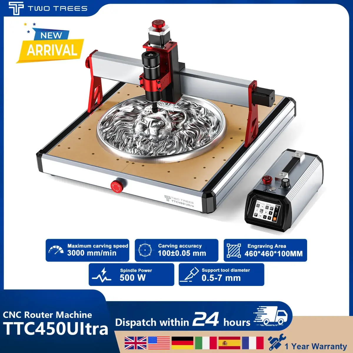 Máquina de Gravação CNC Twotrees TTC450 Ultra com Spindle de 500W, Área de Trabalho de 460x460x100mm, Trilho Guia 12H para Corte de Madeira, Alumínio e Relevo Mural 4-A