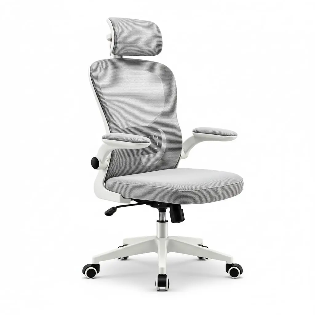 Cadeira de Escritório Ergonômica Cinza Mesh Reclinável | Apoio lombar independente, cabeça ajustável, braços rebatíveis e assento acolchoado para home office e estudo