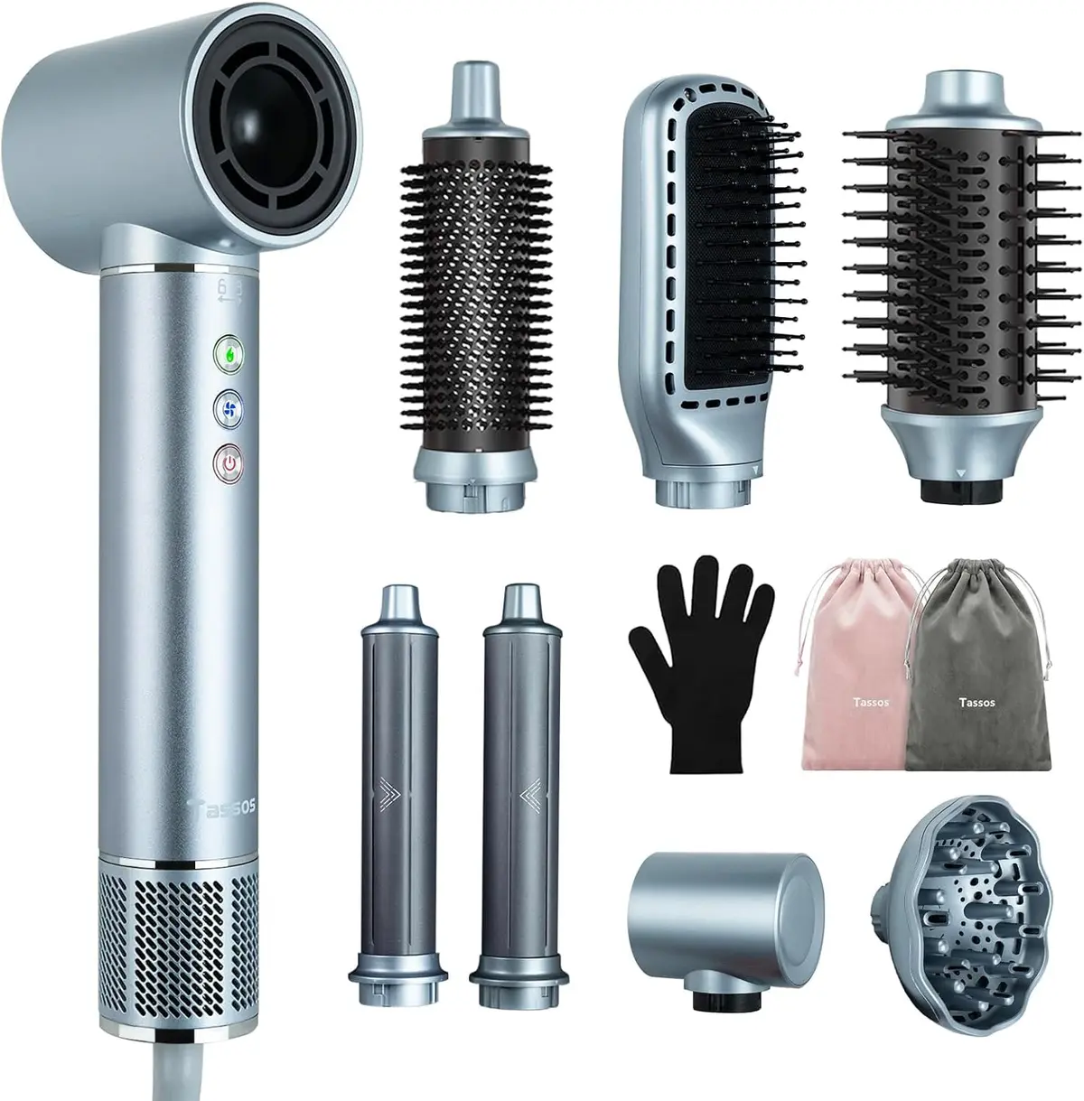 Secador de Cabelo Profissional 8 em 1 - Modelador de Cabelo, Escova de Ar Quente com Difusor, Modelador de Cachos e Secador Iônico, Ideal para Secagem e Ondulação Rápidas em Todos os Tipos de Cabelo (Cinza-220-240V) (Cinza-220-240V-2)