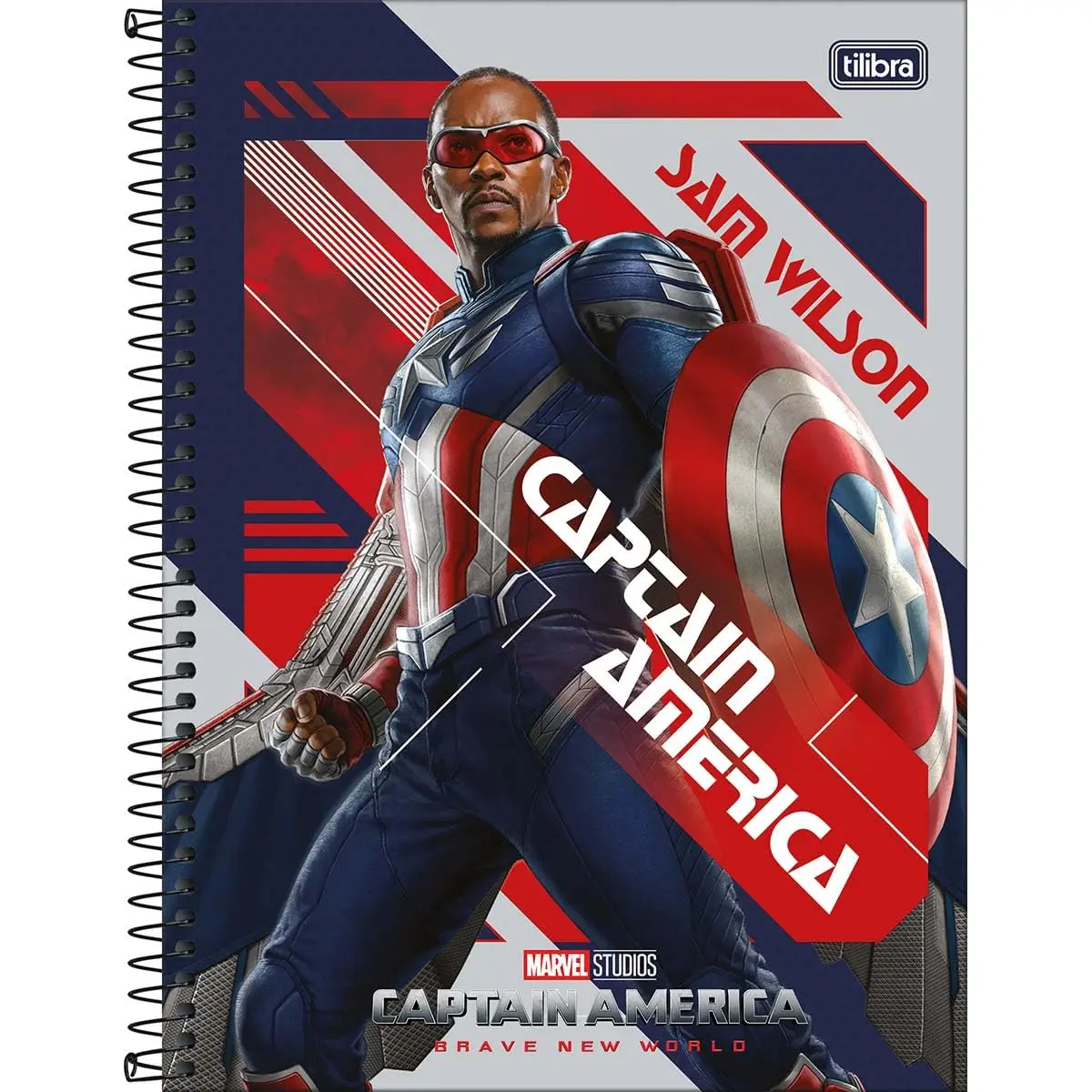 Caderno Espiral Universitário Tilibra, Capitão América, 160 Folhas | Capa Dura, 10 Matérias, Fundo Cinza, Sam Wilson