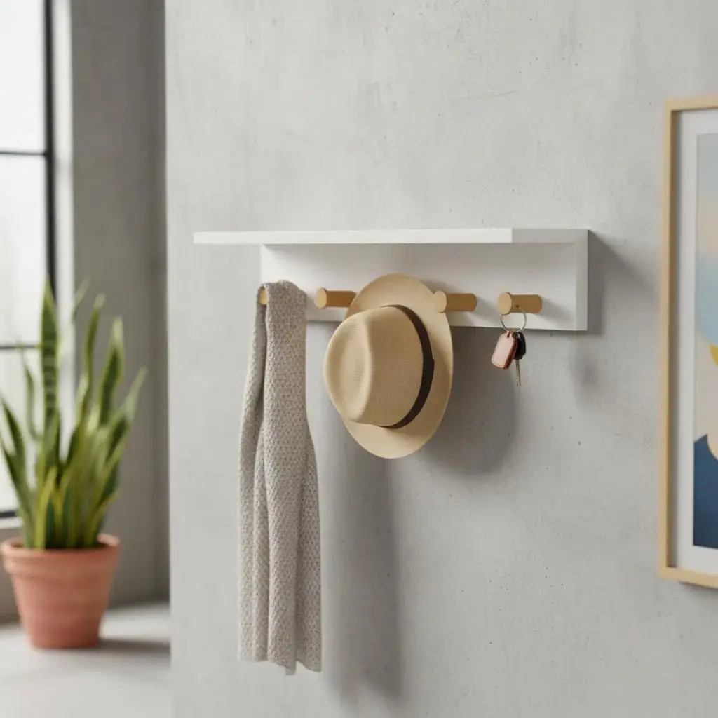 Cabideiro/Prateleira de Parede - MDF Branco e 5 Ganchos de Madeira | Estante de mdf; porta-chaves; cabideiro; aparador de roupas; Design sofisticado - 1