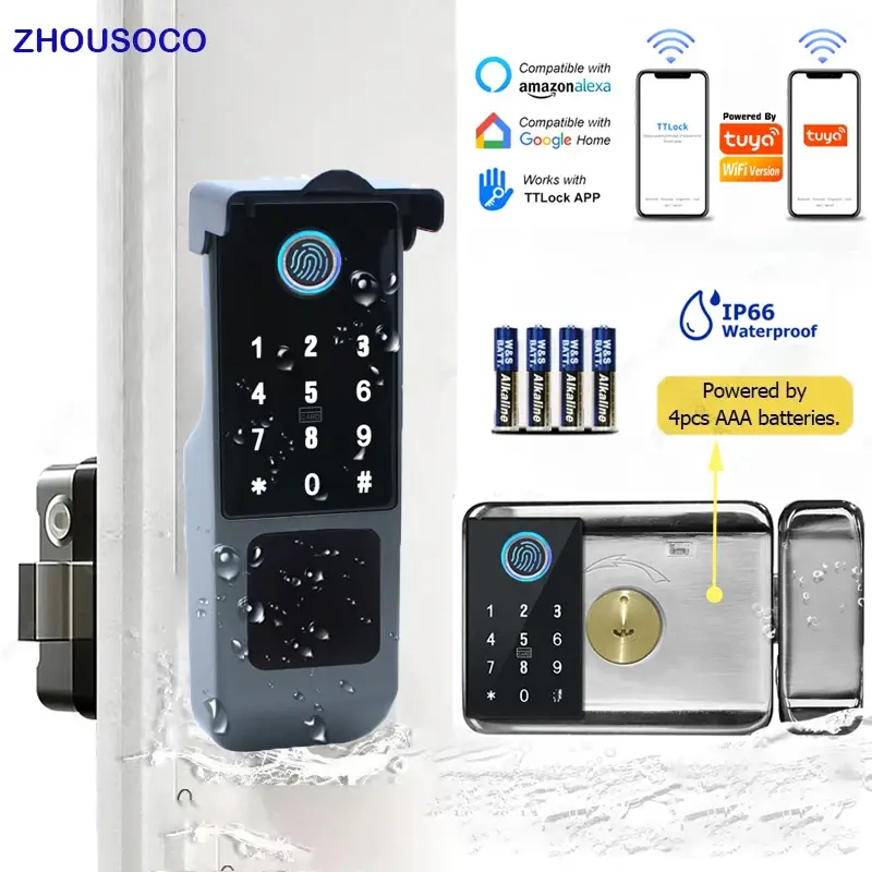 Tuya wifi dupla face fechadura de impressão digital à prova dwaterproof água ao ar livre portão senha cartão rfid keyless fechadura da porta inteligente