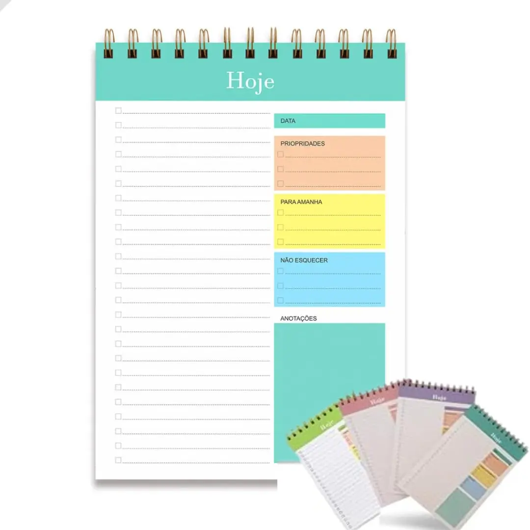 Planner Diário Vertical Não datado, 50 Folhas, Verde água | Bloco Checklist de Planejamento, Prioridades, Sessões Coloridas, Espiral Wire-O Dourada