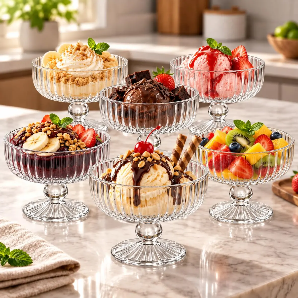 Jogo 6 Taças de Vidro 320ml Caneladas para Sobremesa Sorvete Açaí e Mousse | Para Sobremesa, Sorvete, Açaí, Mousse