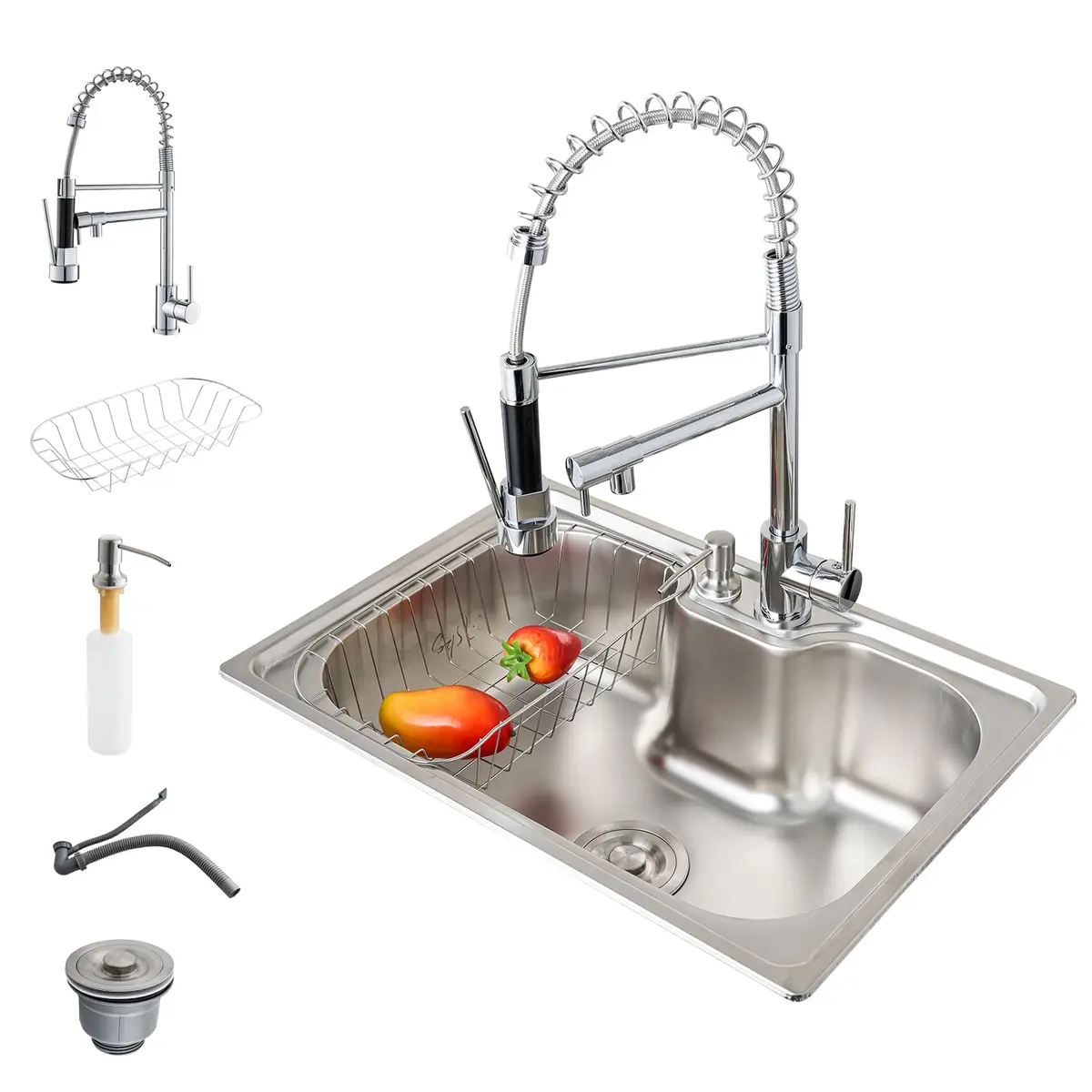 Kit Cuba Prata Escovada60x42x20 cm em Aço Inox 304 com Torneira Gourmet de Mola, Cesto Escorredor e Dosador de Sabão,Prata eletrodepositada