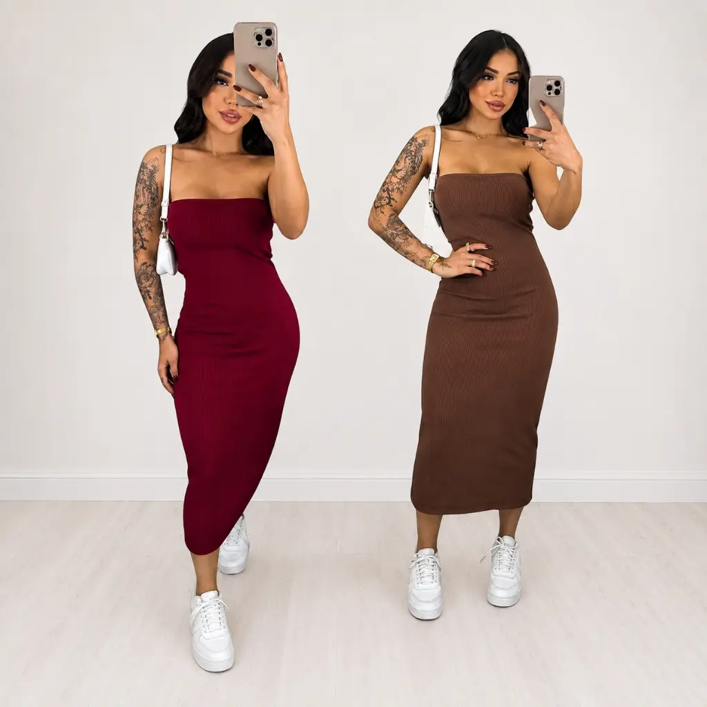 Kit 2 Vestido Feminino Midi Tomara Que Caia Canelado Elegância E Ousadia Unidas Em Uma Peça