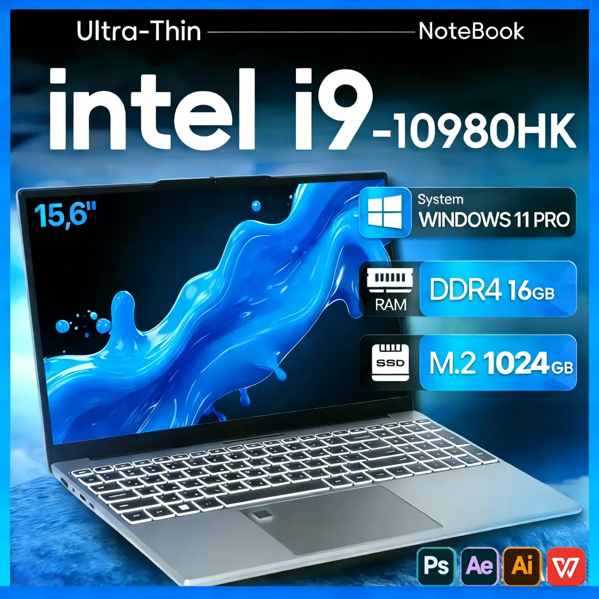 Laptop Portátil com Windows 11, Intel Core I9-10980HK, Tela de 15.6 Polegadas, 16GB de RAM, 1TB SSD, Notebooks para Escritório com Desbloqueio por Impressão Digital