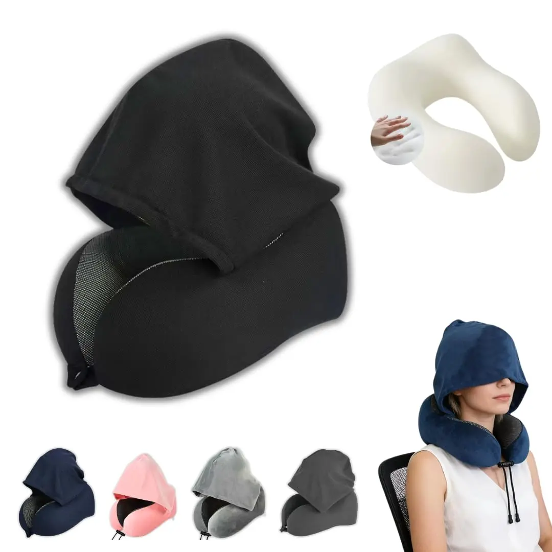 Almofada de Pescoço com Capuz e Espuma de Memória | Cor Preto | Ergonômica, dobrável e confortável, com capuz para mais privacidade. Ideal para viagens de avião, carro, ônibus e uso diário.
