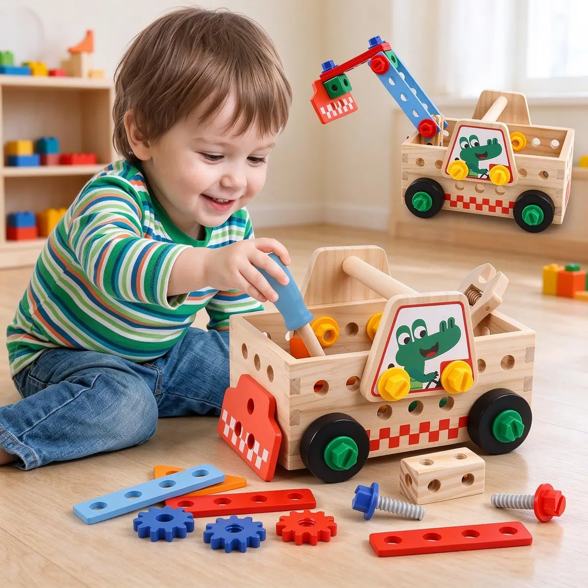 Ferramentas Madeira Montessori Educativo Brinquedo STEM Construção Infantil | Brinquedo Caminhão Montar e Desmontar em Madeira STEM Montessori com Certificado INMETRO para Crianças 3+ Anos
