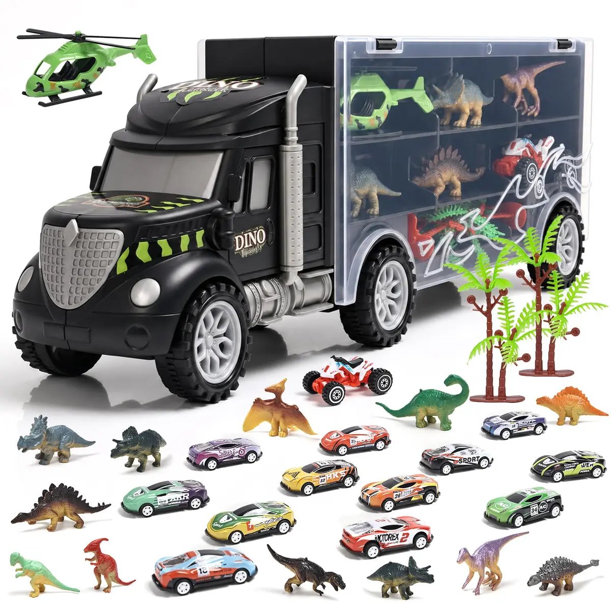 Brinquedo Caminhão Transportador de Dinossauros 28 em 1 | Inclui 1 caminhão, 12 carrinhos, 12 dinossauros, 1 moto, 1 helicóptero e 1 mapa de dinossauros.